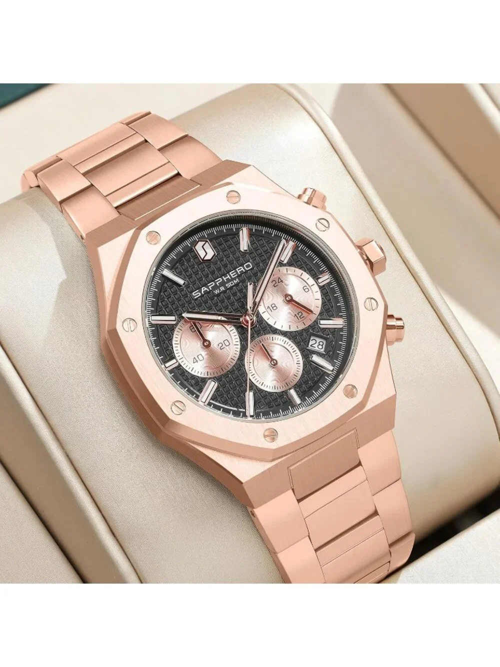 Men's Rose Black Chronograph Quartz Movement Stainless Steel Luxury Wrist Watch
